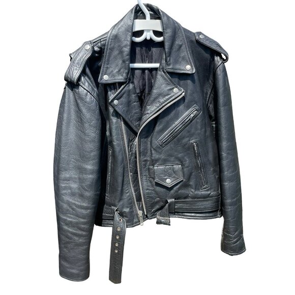 VINTAGE Motorcycle Black Leather Jacket Lined Men's M-L Women's XL, FLAW Sleeve - Picture 2 of 16
